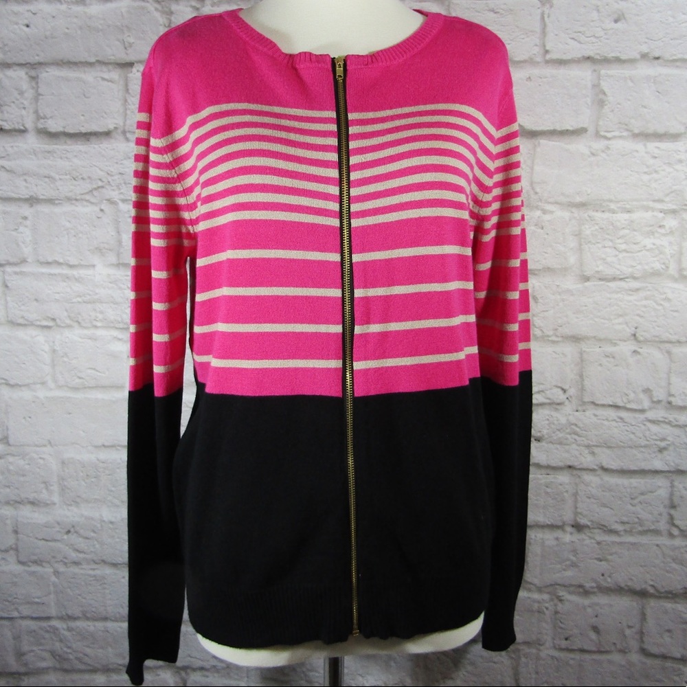 One A striped pink and black zip up sweater